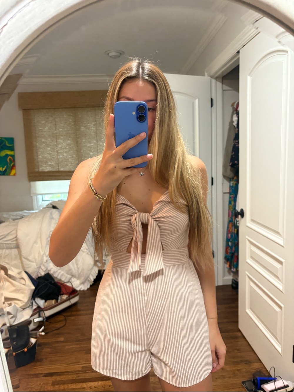 Striped Tie-Front Romper in Blush